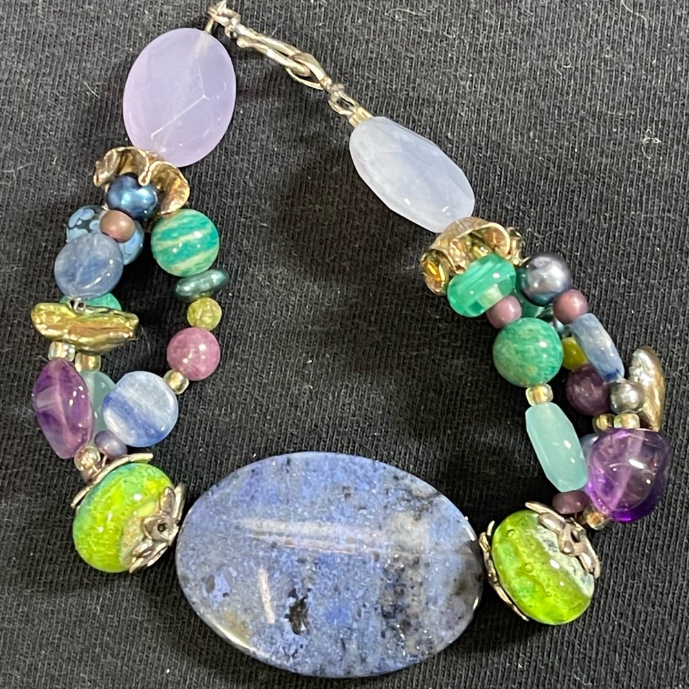 Handmade sterling and mixed borosilicate glass and gemstone bead bracelet- Blues